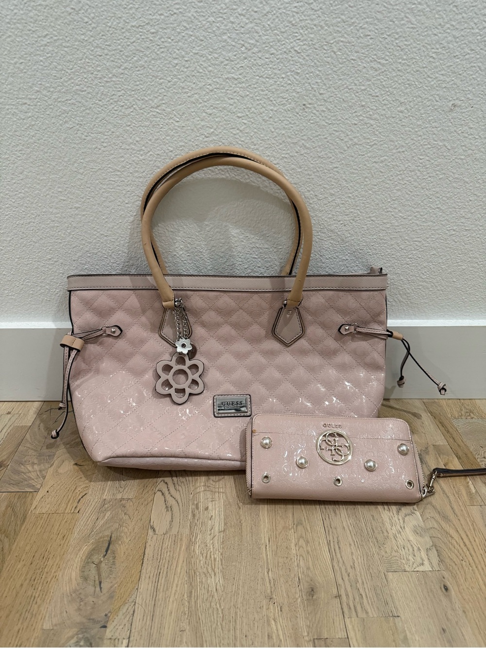 GUESS Blush Pink Quilted Tote Bag with Matching Wallet
